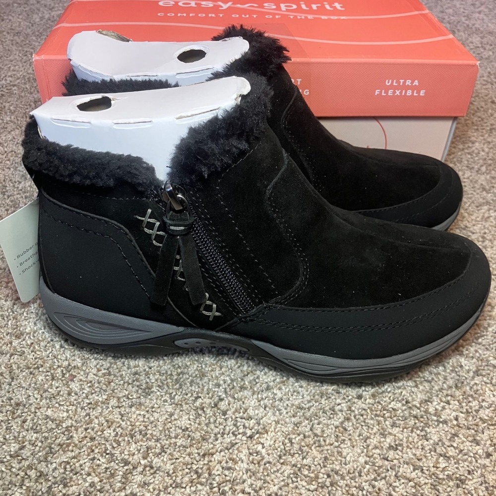 Easy Spirit Epic Cold Women Black Water Resistant Suede Faux Fur Ankle Boots 7W